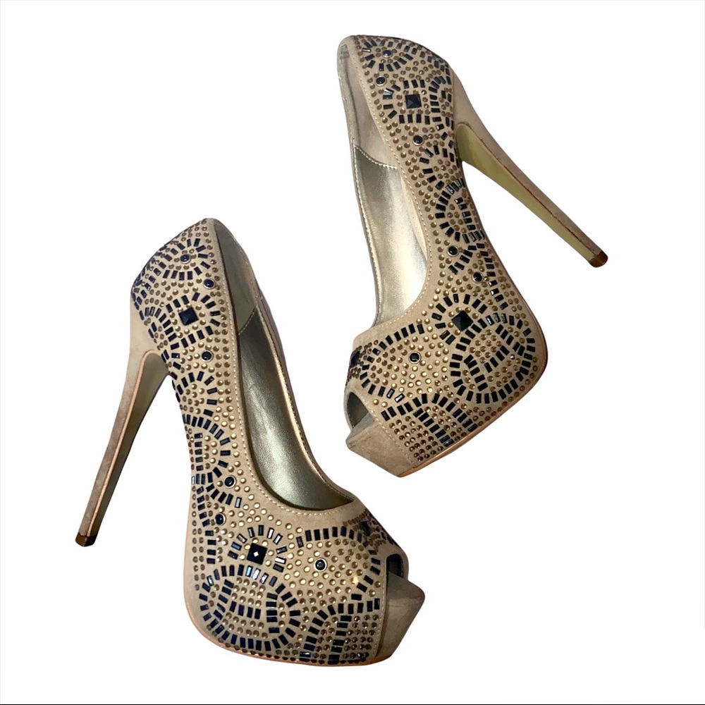 Lasonia gold black and nude embellished heels